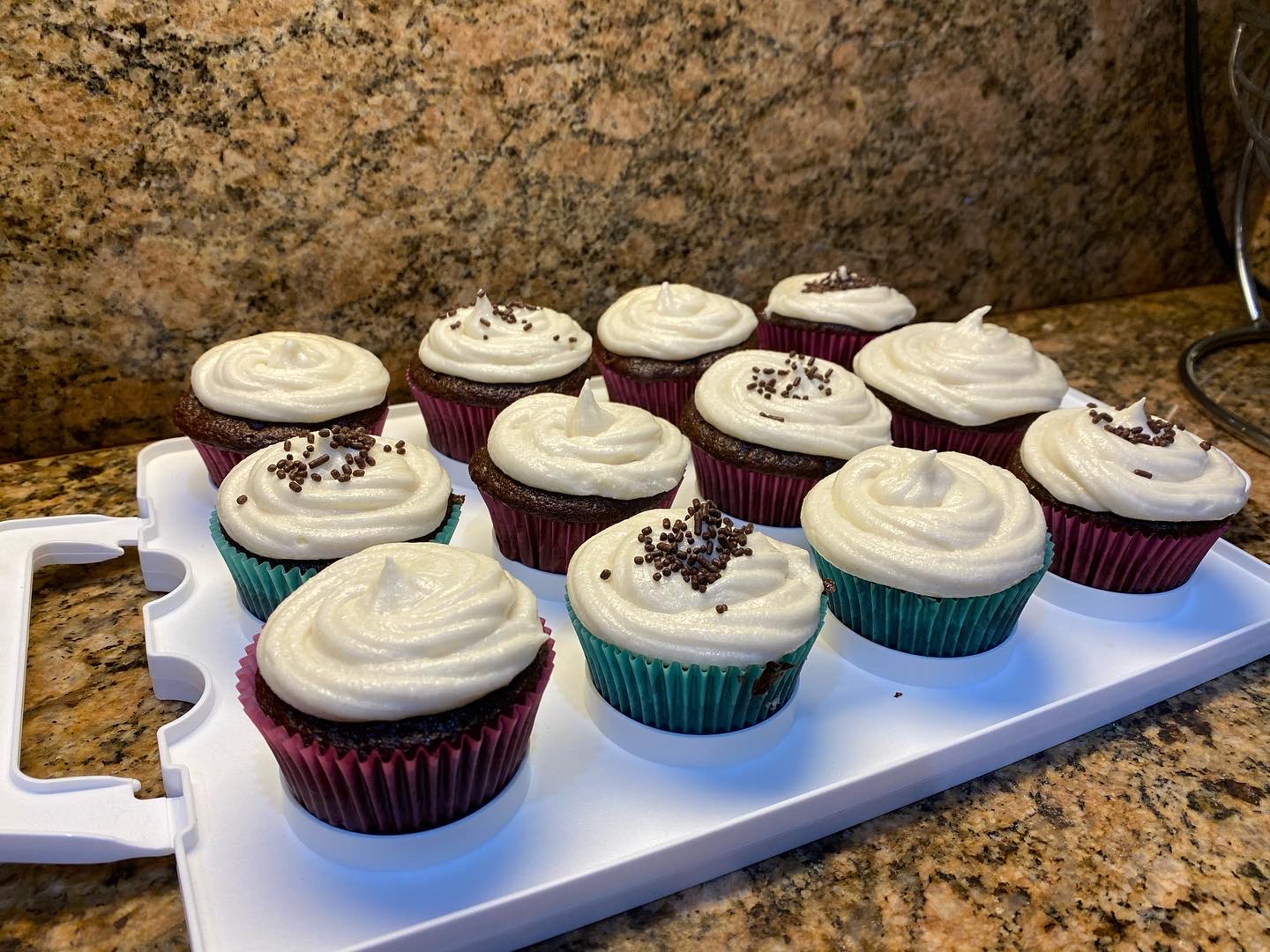 double chocolate chip with buttercream frosted cupcakes